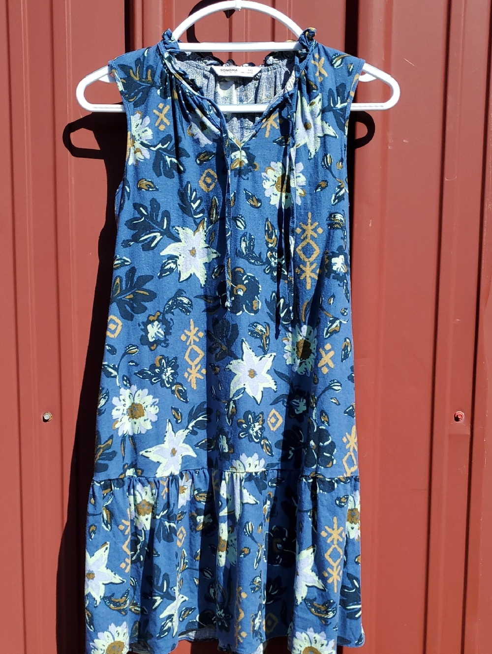 Sonoma Blue Floral Midi Dress with Tie Neck